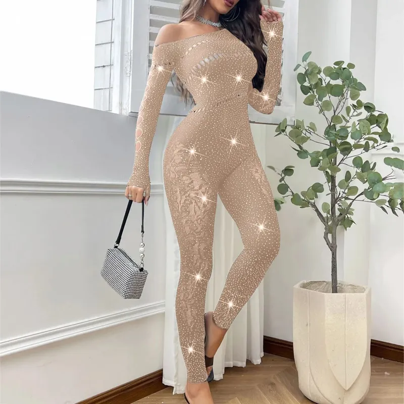 2025 Lace Embroidery Bra Set Women Sexy Mesh Rhinestone Jumpsuit Long Sleeve See Through Sexy Bustier Lingerie for Women