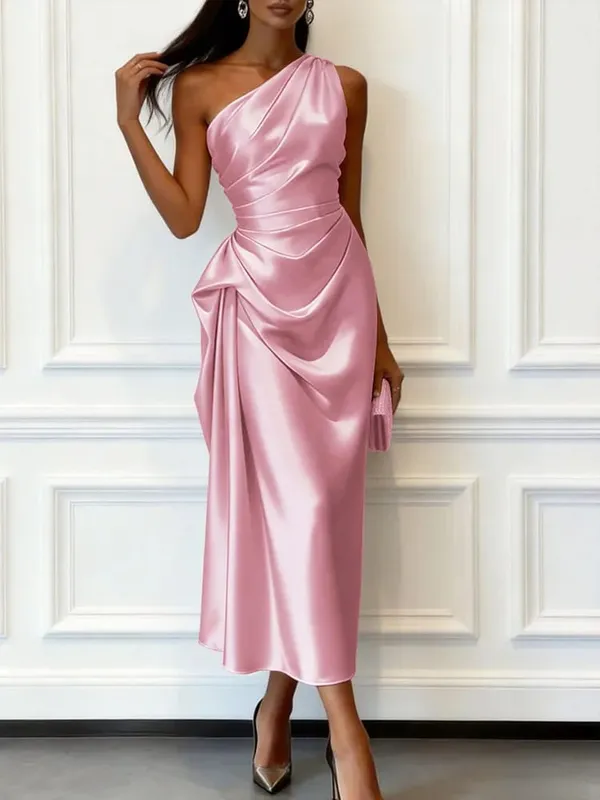 Women Slanted Neck Draped Summer Long Dress Simple Solid Sleeveless Commuting A-line Dresses Satin Asymmetric Slim Evening Dress — image 3