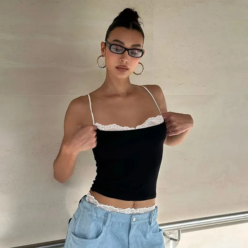 Women Y2K Sexy Color Block Splicing Off Shoulder Fake Two Piece Cami Top — image 2
