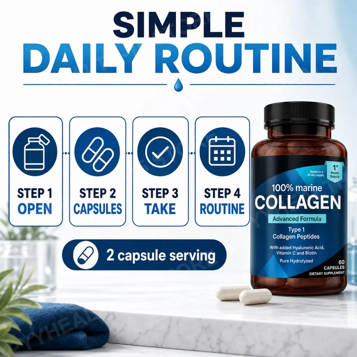 Marine Collagen Capsules for Women & Men Type I Peptides with Hyaluronic Acid Vitamin C & Biotin Beauty Glow Nails 60 Count — image 5