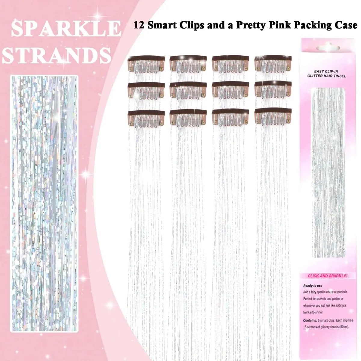 Clip in Hair Tinsel 12Pcs Heat Resistant Sparkly Glitter Fairy Hair Accessories for Girls Women Party Festival Decoration — image 2