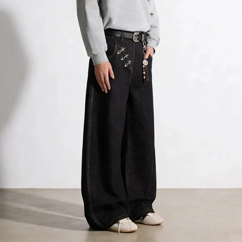 Airplane Button Design Black Men's Boot Cut Jeans Niche Unisex High Street Loose Wide Leg Denim Long Pants 2026 New 9X2176 — image 4