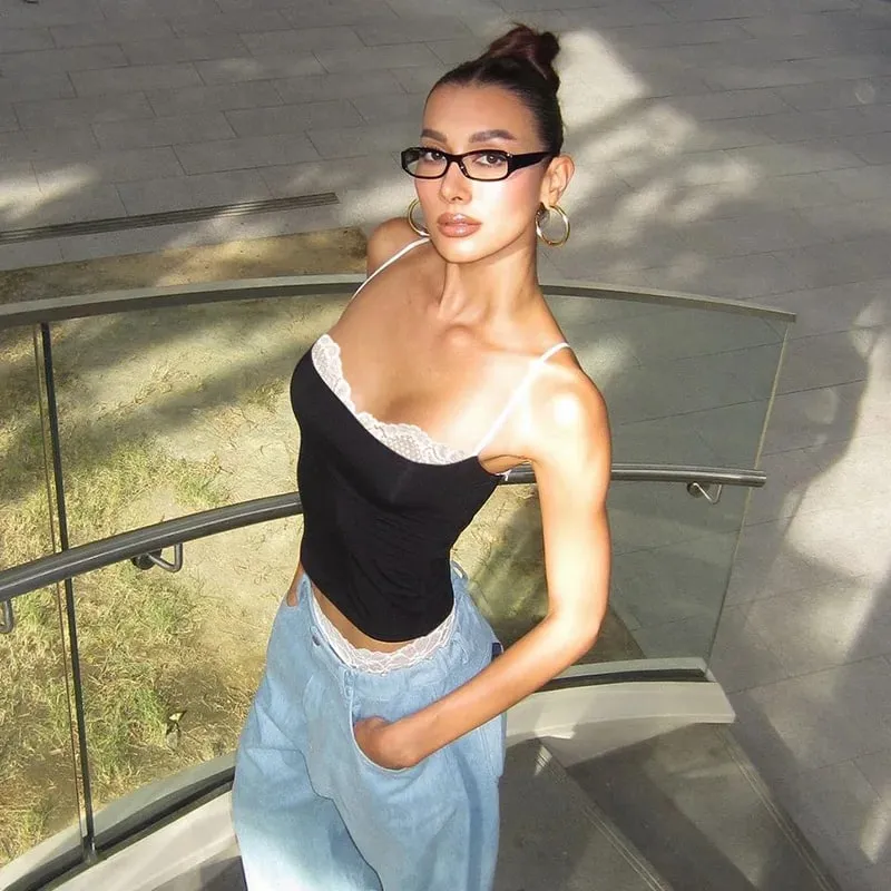 Women Y2K Sexy Color Block Splicing Off Shoulder Fake Two Piece Cami Top — image 5