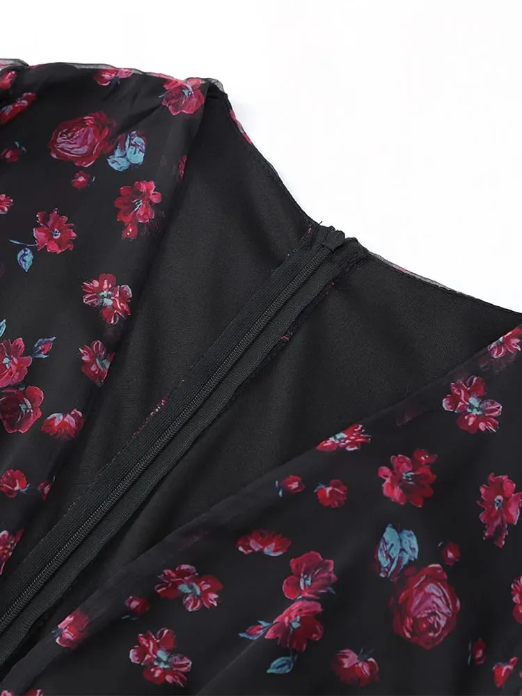 Women Chic Floral Print Deep V Neck Long Sleeved Waist Cinching Dress Layered Ruffle Hem Mini Dresses Elegant Party Daily Robes — image 7