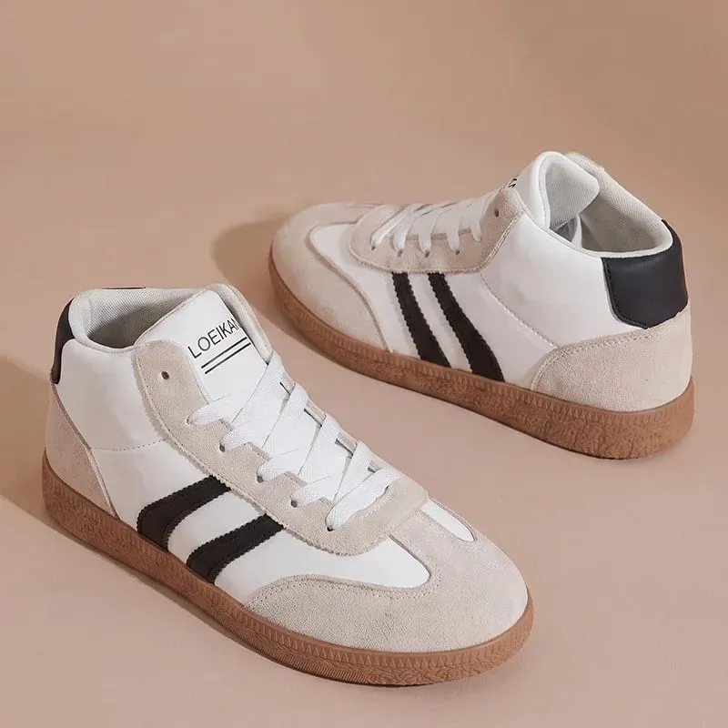 Unisex High Top Retro Sneakers Striped Patchwork Lace‑up Soft Rubber Sole Daily Casual Board Shoes for Men Women — image 2