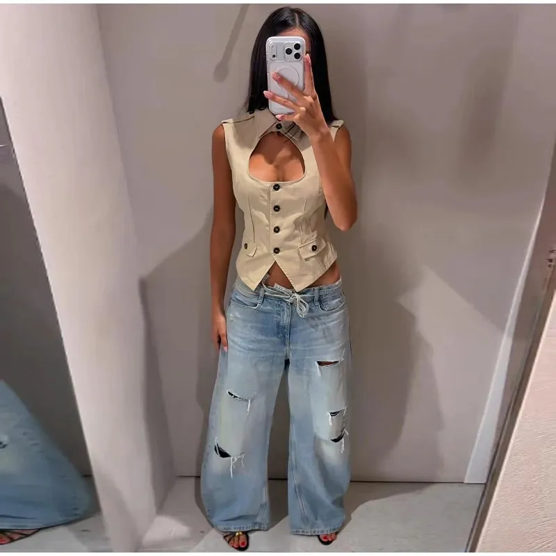 Women's Cropped Tops Lapel Hollow Out Sleeveless Waist Cinching Single Breasted Top Street Lady Irregular Hem Slim Partywear New — image 9