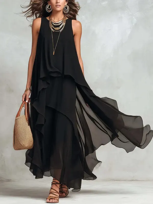2026 New Black Sleeveless Irregular Chiffon Long Dress With Elegant Temperament For Women Dress