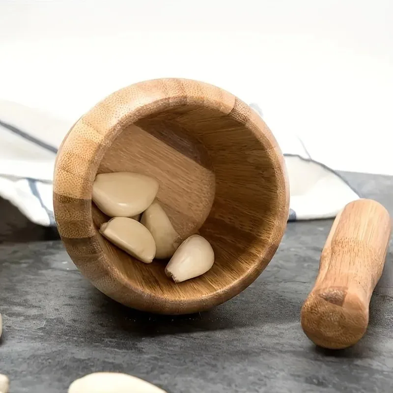 1set Bamboo garlic jar household kitchen food mixer garlic puree grinder with lid