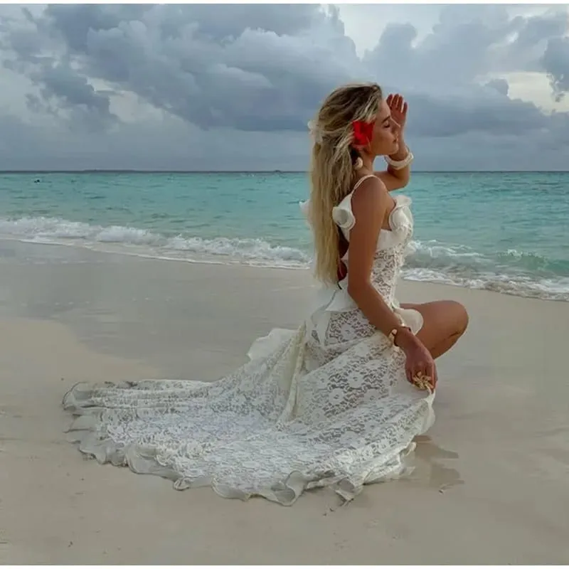 Sexy Hollow Out Lace Maxi Dress Women Spaghetti Strap Ruffles Party Club Robes Backless Side Slit Beach Vacation Lady Dress — image 4