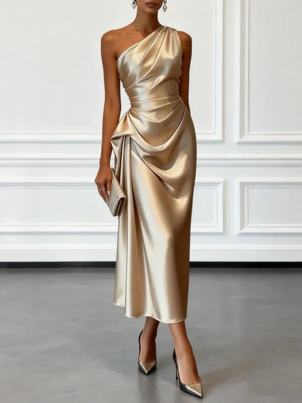 Elegant One Shoulder Satin Ruched Midi Dress for Formal Evening Cocktail Party — image 5