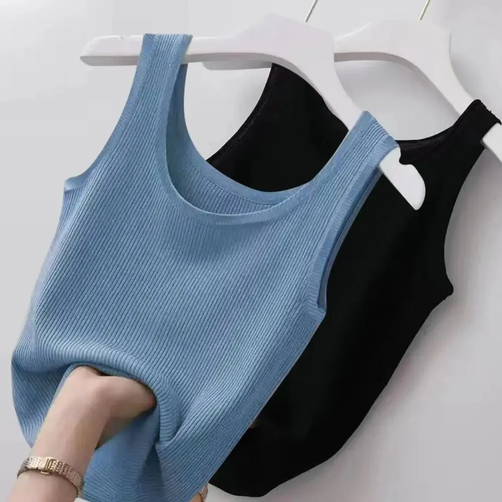2024 Polyester Sexy Sleeveless Camisole Basic Top Solid Color Summer Camisole Streetwear Tees T-Shirt Spring Knitted Tank Women — image 7