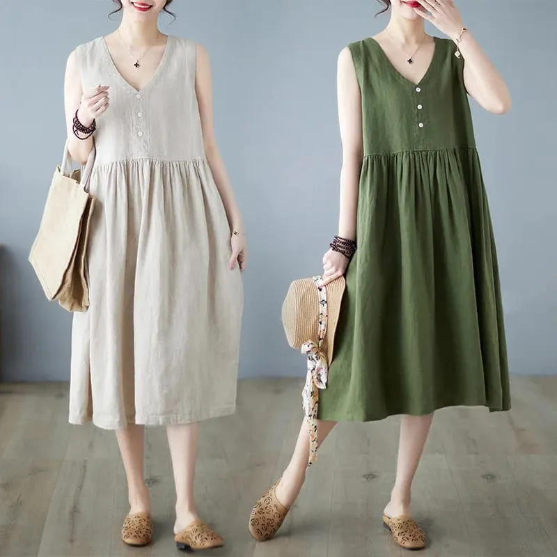 2026 Women's Cotton Linen Sleeveless Dress Casual Button Down Loose Midi Dresses for Summer Women's Casual Dresses Y2K Clothes — image 1