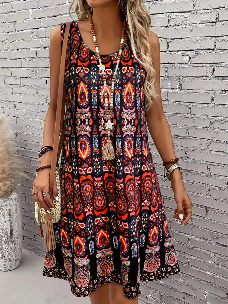 Women's Vintage All-Over Print Sleeveless Dress - Off-Shoulder Summer Sundress Casual Boho Beach Dress — image 2