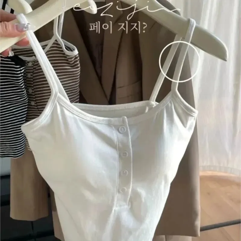 Integrated Stripe Women's Vest Inner Wear Outer Wear Button Fixed Cup No Bra Sports Top Short Style Cotton 100% Short Vest — image 6