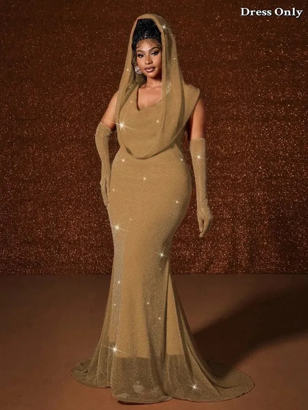 Plus Size Hat Sexy Waistband Hot Gold Fish Tail Swing Long Solid Colour Fishtail Slim Package Hip Dress Hooded — image 11