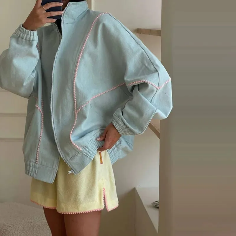 Polka Dot Cropped Windbreaker Jacket Contrast Pink Seam Piping Side Pockets Loose Outerwear 2026 Autumn Street Daily Lady Coat