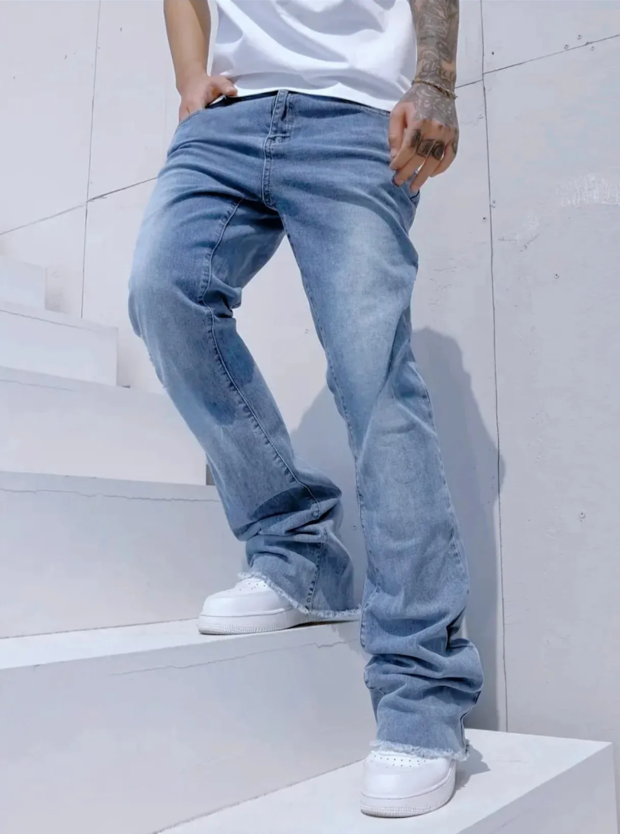 Slim Straight Jeans Men Sky Blue Fringe Cuff Detail Jeans Classic Mid Waist Solid Tone All Season Long Pants Urban Daily Stylish — image 1