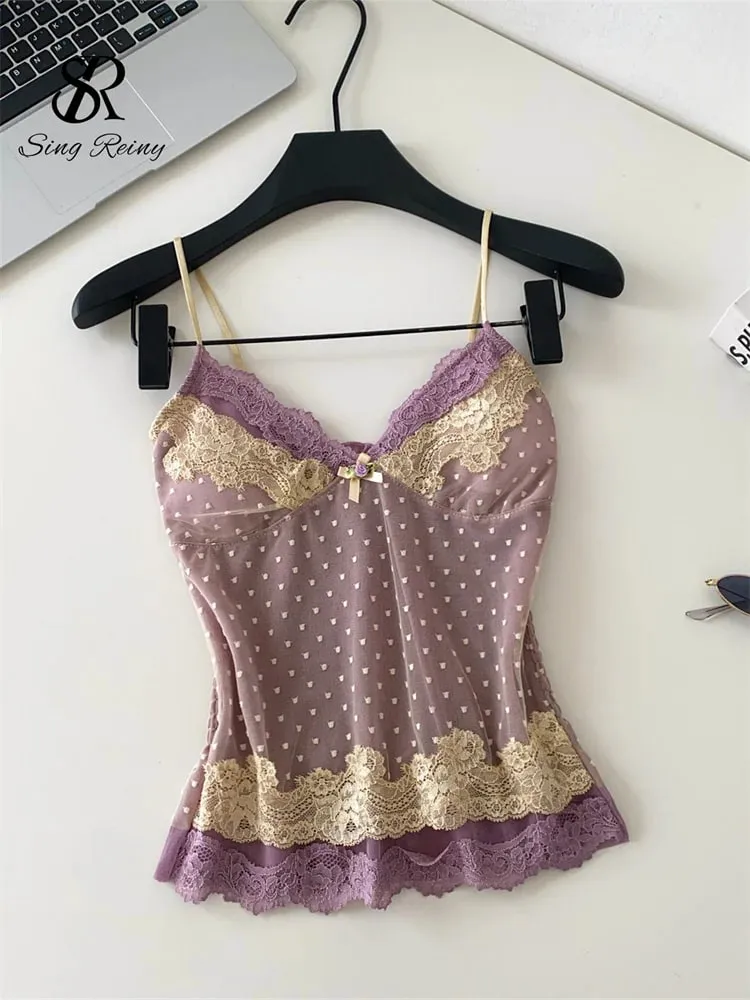Polka Dot Mesh Lace Top French V Neck Shirred Stretchy Slim Backless Female Tank Top Summer Y2K Sensual Lazy Camisole