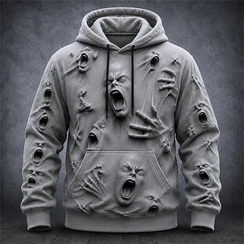 Men's Autumn Winter Halloween Hoodie Casual Pullover with Spooky Skull Print Loose Fit Festive Street-Style Top for Parties — image 4