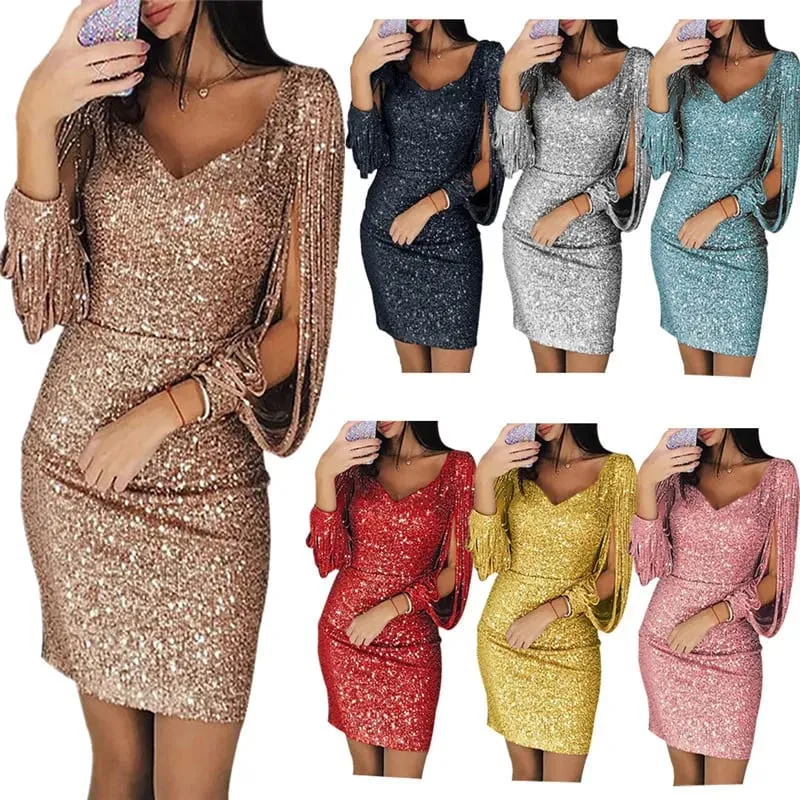 Evening Dresses for Women Elegant Long Sleeve Sequin Mini Dresses Sexy Ruched Bodycon Sparkly Glitter Cocktail Party Dresses — image 2