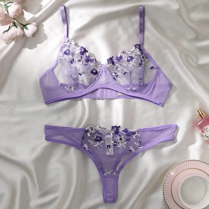 Women Sexy Lace Lingerie Push Up Lingerie Bra And Panty Sets Female Underwear Flower Embroidery Bralette Set — image 11