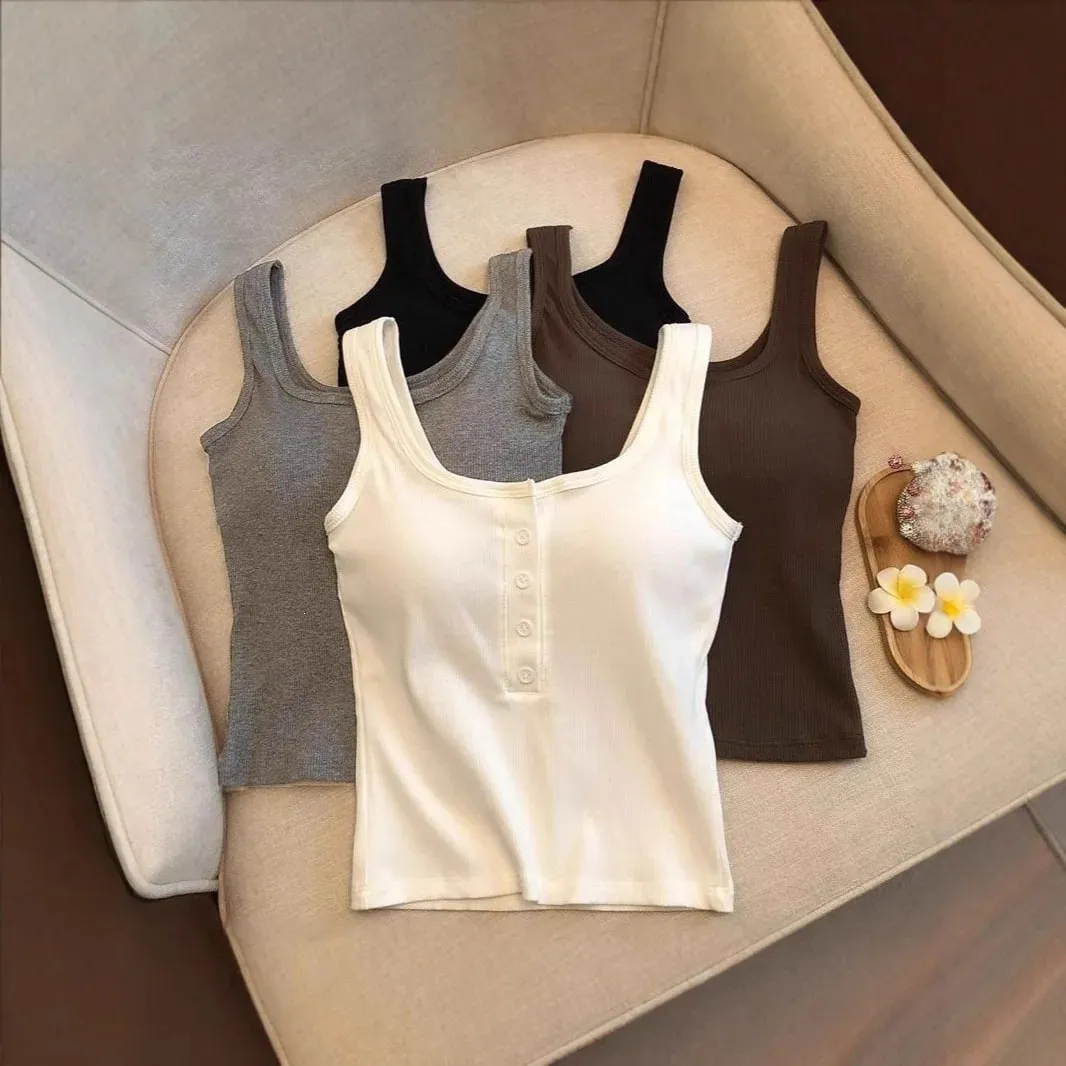 1Pcs Women's Ribbed Henley Tank Top Square Neck Button Front Built-in Bra Sleeveless Camisole — image 2