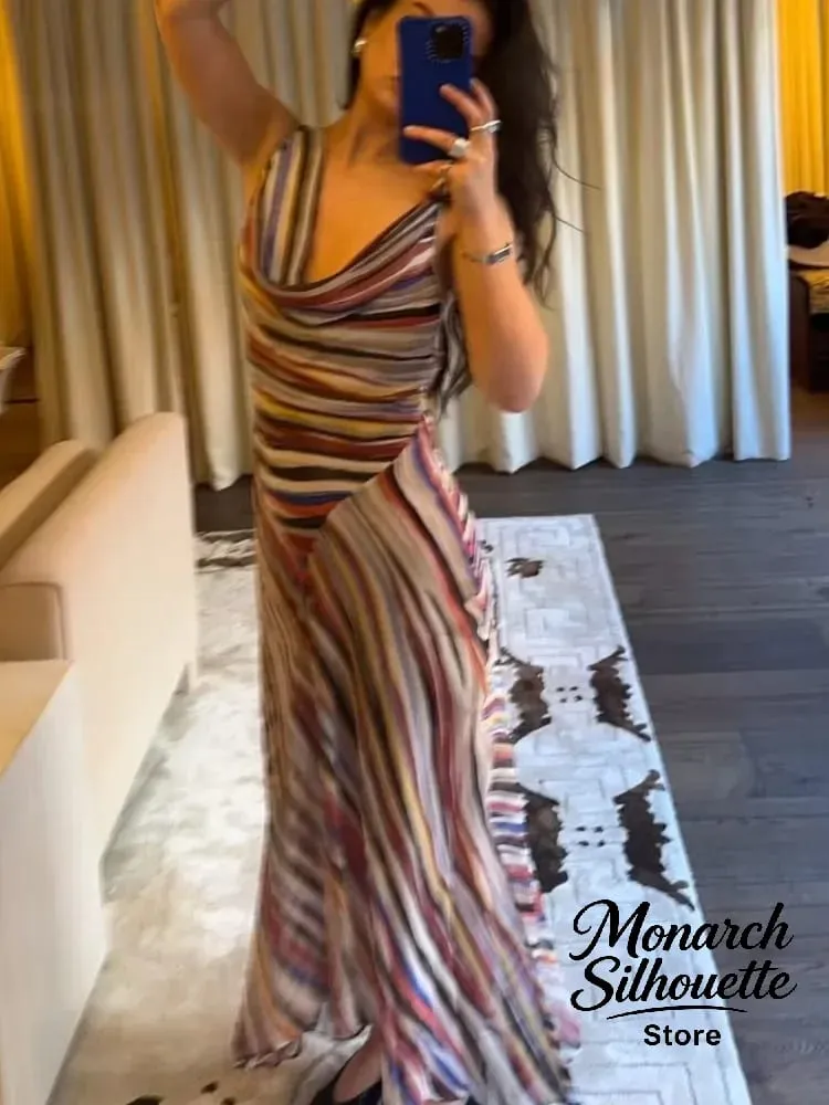 Sleeveless Striped Spaghetti Strap Dress Women Chic Irregular V-neck Sleeveless Slim Long Vestidos Lady Holiday Daily Dresses — image 1