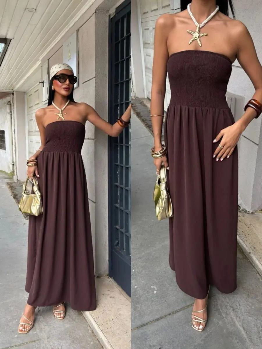 2026 New Summer Fashion Solid Color Off-Shoulder Strapless Waist-Cinching Long Dress for Women — image 2