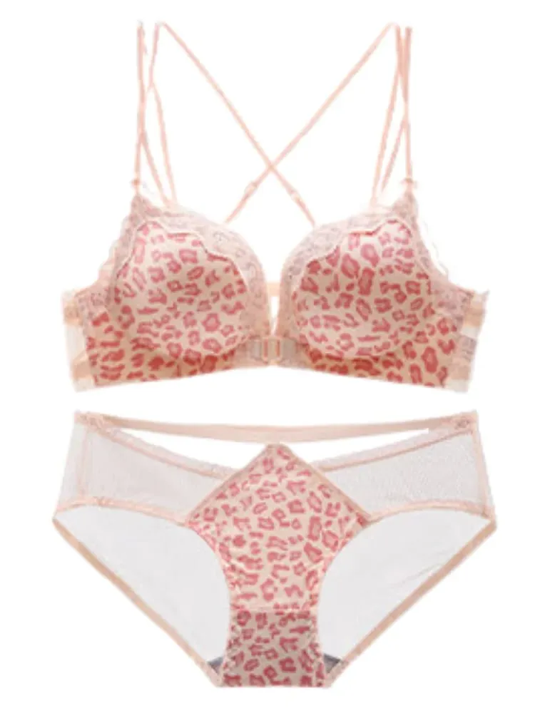 Best Selling Leopard Print Front Closure Push Up Bra Set Sexy Back Design Small Bust Enhancing Women Lingerie — image 7