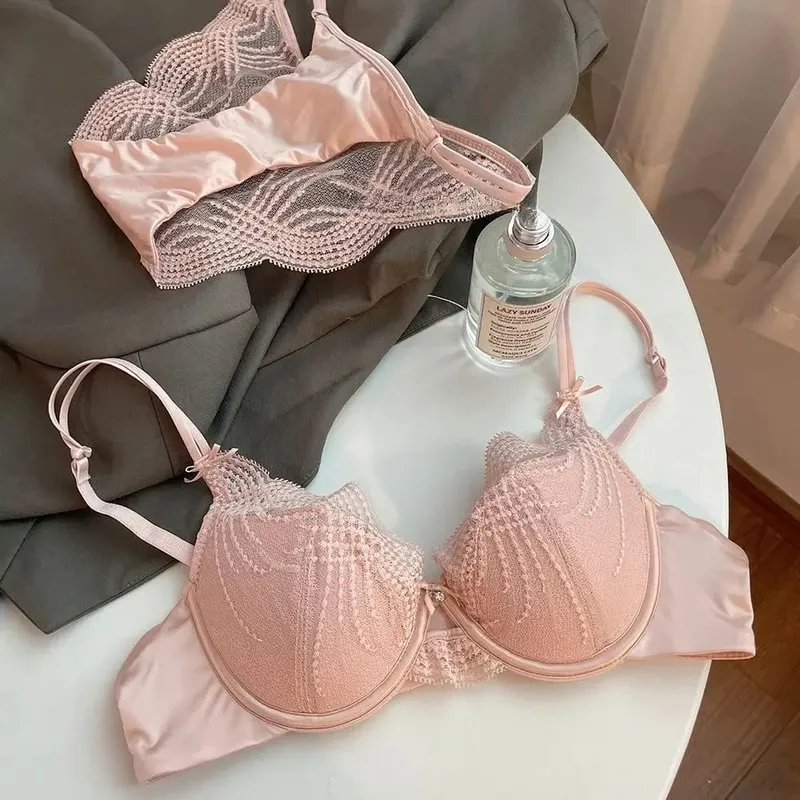 Ladies Lace Lingerie Set Pure Desire Aesthetic Deep V Thin Straps Thin Cup Soft Underwire Push‑Up Bra Underpants S-XL