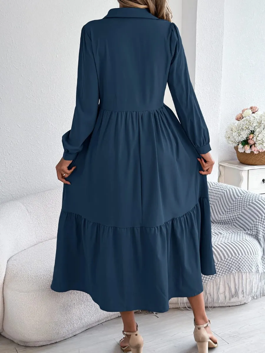 Women Fall Elegance Lapel Collar Button Front Shirt Dress Ruffle Trim Solid Midi Long Sleeve Wedding Dresses — image 2