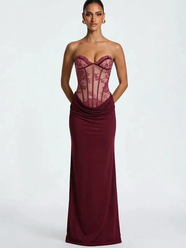 Women Backless Strapless Tulle Fishbone Dress Off Shoulder Printed Patchwork Slim Maxi Dresses 2026 Lady Chic Party Evening Gown