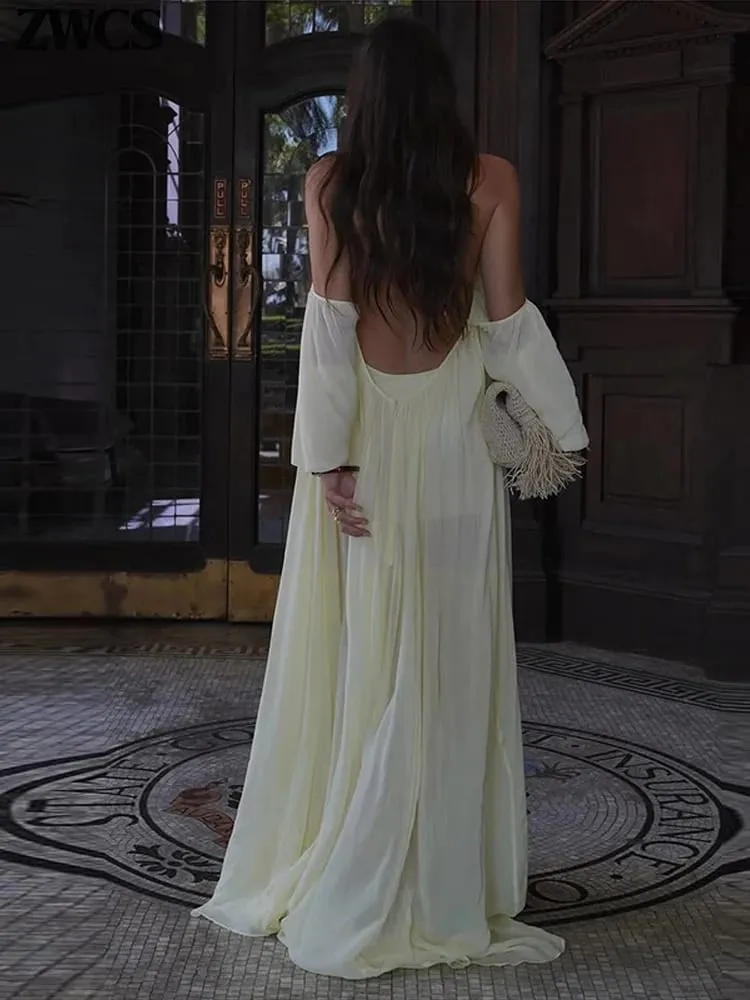 Sexy Halter Backless Party Gowns Women's Yellow Big Hem Off-shoulder Long Dresses 2026 Spring New Ladies Loose Beach Robes — image 3