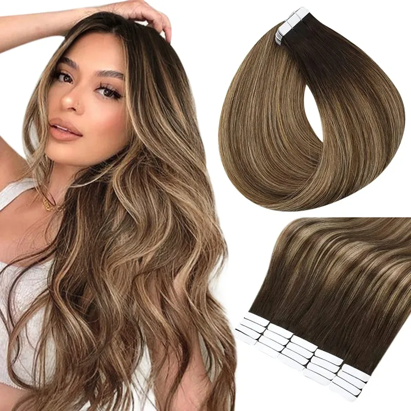 Full Shine Tape in Hair Extensions Human Hair Seamless Silky Straight Skin Weft 20Pcs 50G Add Length for Wedding