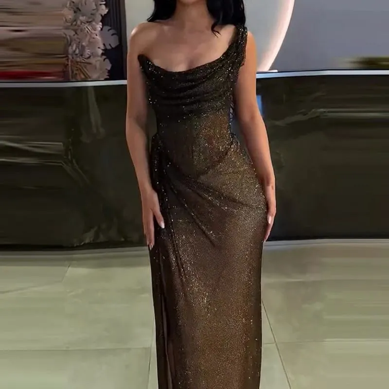Sexy elegante comprimento total alta divisão vestido de festa chique cinta banquete maxi vestido de luxo feminino um ombro glitter vestido fino — image 3