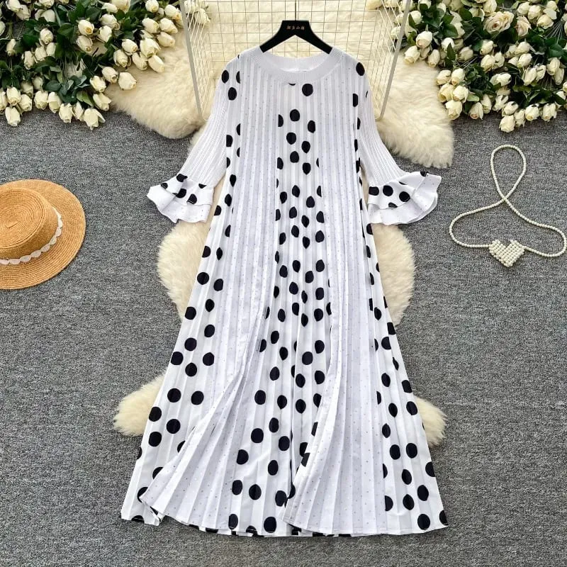 Miyake Pleated Polka Dot Dresses 2026 Summer Flared Sleeves Round Neck Fashion Pleated Long Dress Women Draped Elastic Clothing — image 4
