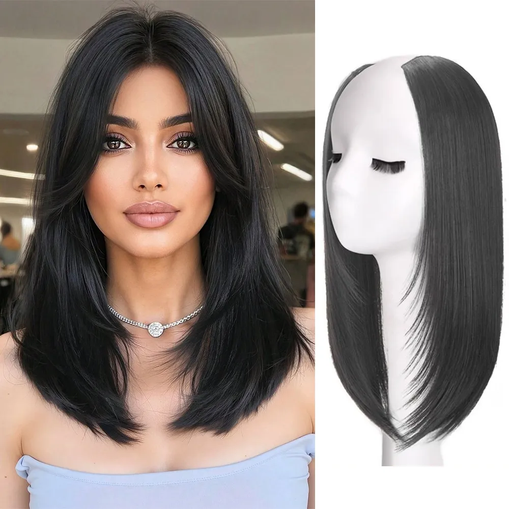 One-Pieces Clip Wig Invisible Synthetic Hair Extensions U-Type Short Straight Extension Women Hairpieces Half Wig Female — image 1