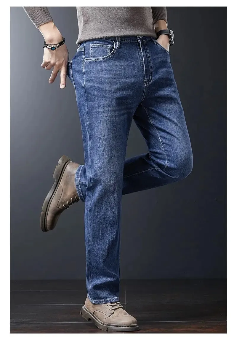 Men's Soft Stretch Straight Jeans Business Casual Slim Fit Wash Denim Pants Korean Fashion Blue Gray Male Brand Trousers — image 7