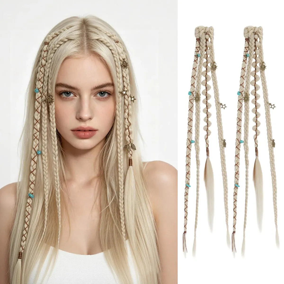 Clip in Braid Hair Extensions for Women 20" Boho Dreadlock Clip in Braids with Beads & Charms 2PCS Synthetic Braided Hairpiece — image 1