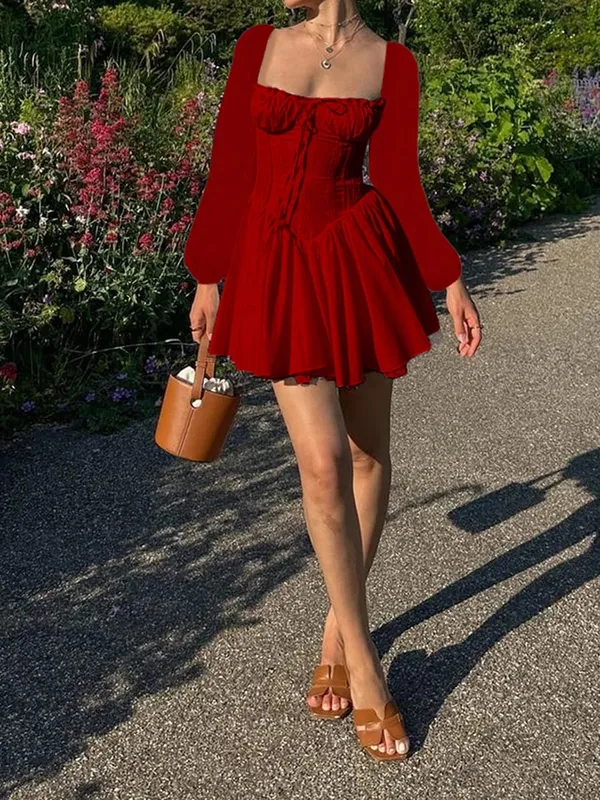 Mini robe à volants pour femmes, col carré, avec corset à lacets, ceinture évasée, manches longues, Vintage, motif Floral, ligne a, robes trapèze