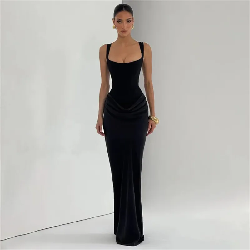 Ladies' formal square neck sleeveless waist cinching design with pleated fish tail long skirt for dinner party slimming dress — image 3