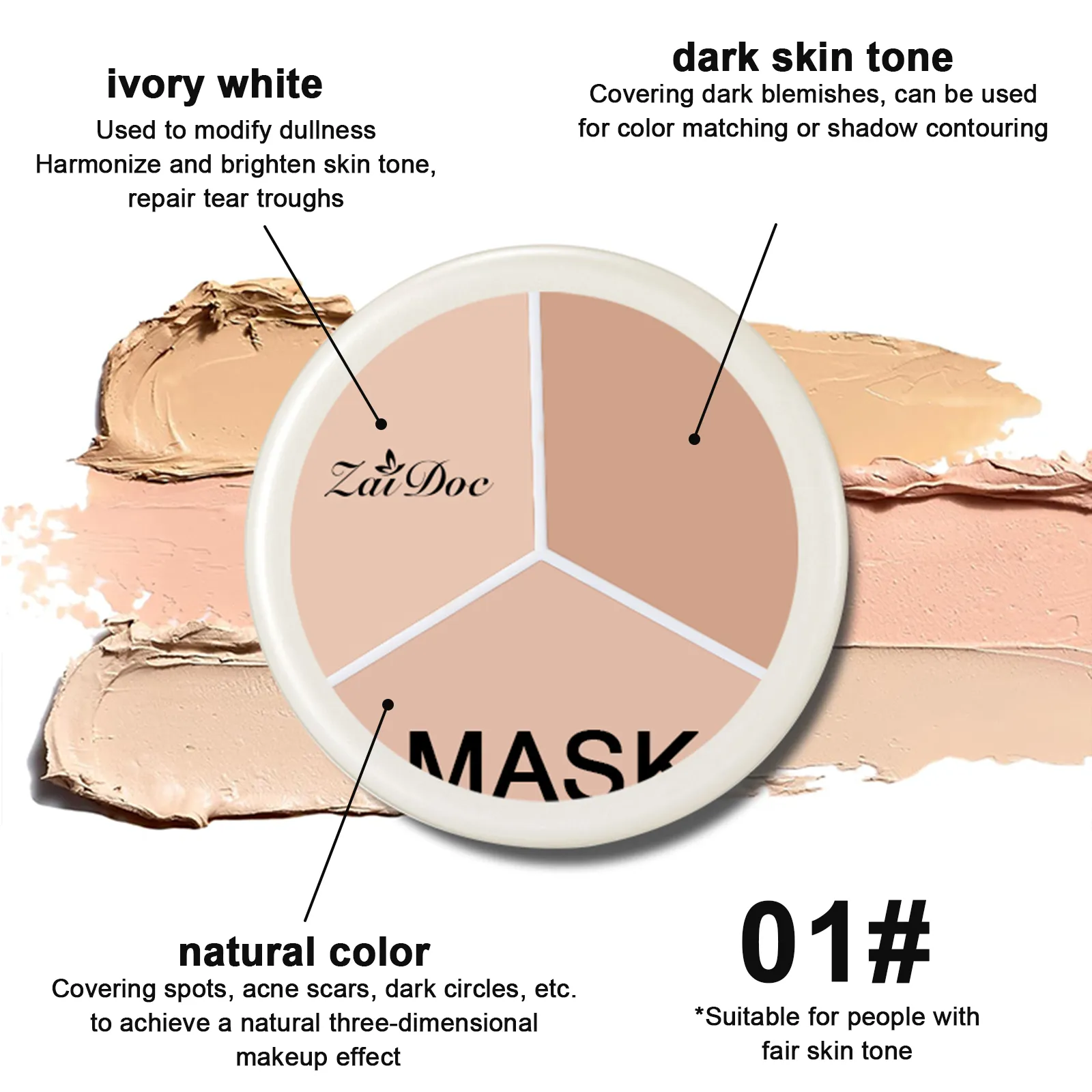 ZaiDoc 3 Colors Concealer Palette Full Coverage Long Lasting Cream Corrector for Acne Dark Circles Eye Bags Natural Makeup 15g Each — image 3
