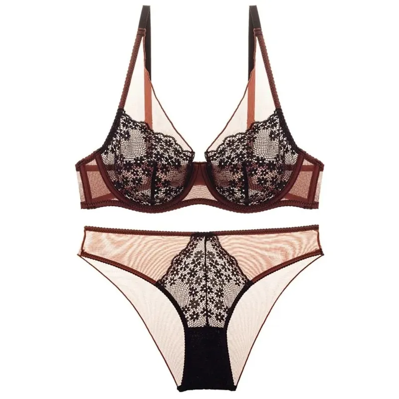 French Vintage Mesh Lace Flower Bra Set Brassiere Lingerie Mesh Bra Panties Kit Thin Seamless Push Up Bra Women Home — image 9