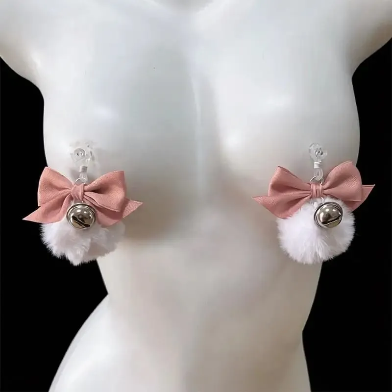 Fuzzy Bow Nipple Clips Bell Collar Body Chain Pink Breast Restraints BDSM Adult Sex Toys For Women