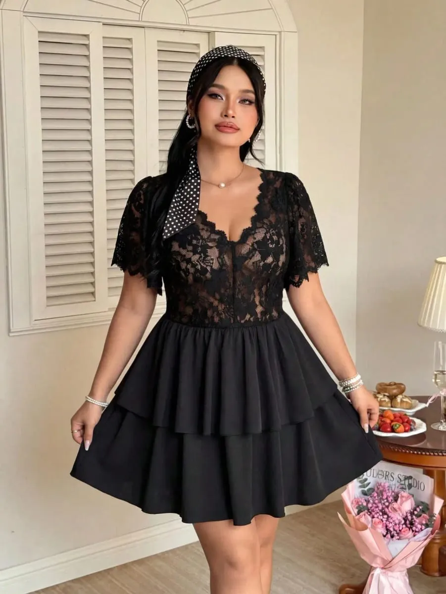 Elegant Lace Hollow Patchwork Cake Dress Plus Size Women's Dress Summer Vintage Ruffle Hem Party Evening Gown — image 5