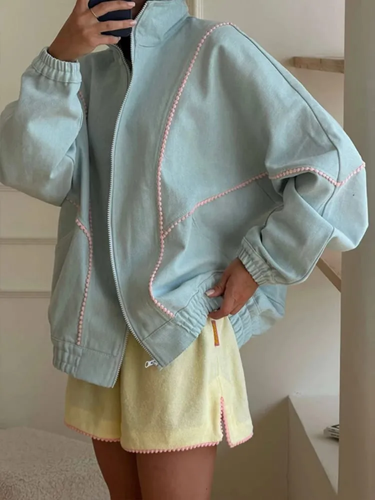 Polka Dot Cropped Windbreaker Jacket Contrast Pink Seam Piping Side Pockets Loose Outerwear 2026 Autumn Street Daily Lady Coat — image 2