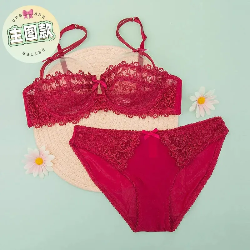 Sexy Lace Bra Set Women Plus Size Sheer Half Cup Push Up Lingerie Ultra Thin Transparent Concealed Nipple Underwear Hot — image 12