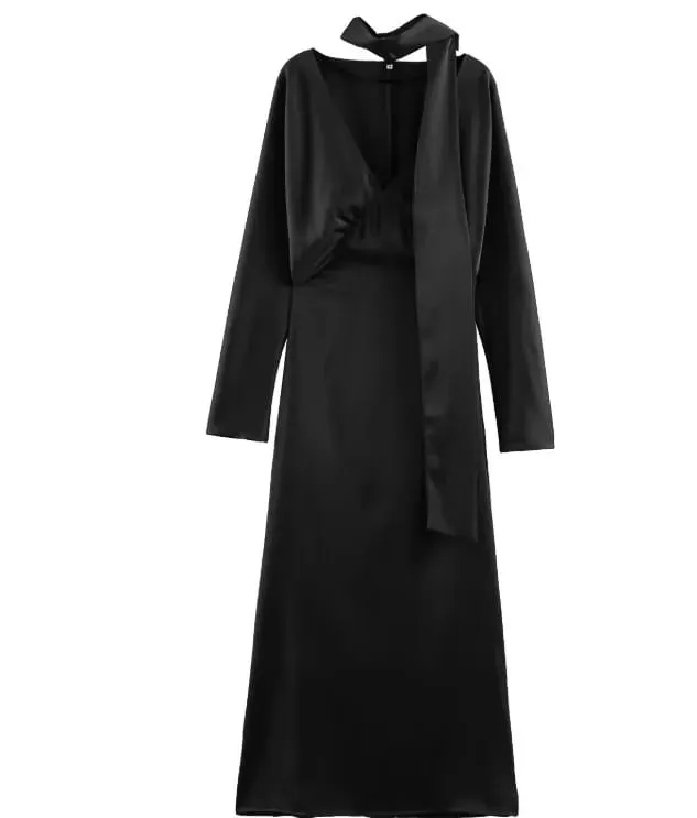 2026 New Scarf Solid Elegant Maxi Dresses Women Spring V Neck Long Sleeve Club Party Long Dress Female Chic Slim Fit Dresses — image 7