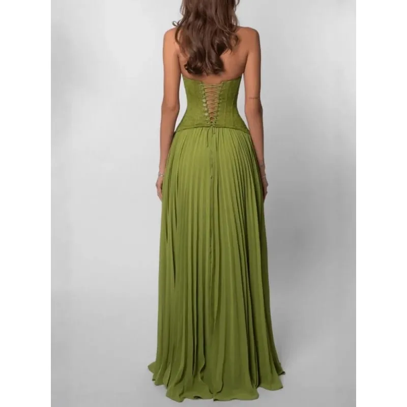 Green Fishbone Corset Halter Maxi Dress Women Backless Off Shoulder Pleated Patchwork Slim Dresses Lady Christmas Party Gown New — image 6