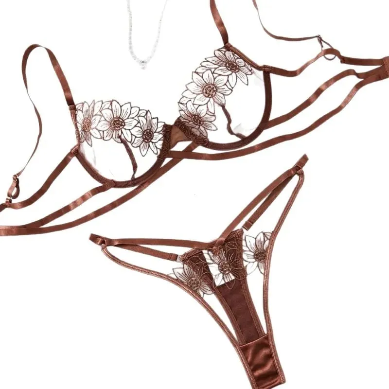 High-End Floral Embroidered Underwire Bra Set Women's Mesh Unlined Bra + Panties — image 6